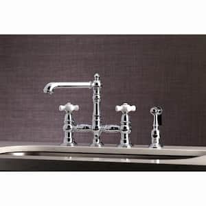 English Country 2-Handle Bridge Kitchen Faucet with Side Sprayer in Polished Chrome