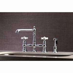 English Country 2-Handle Bridge Kitchen Faucet with Side Sprayer in Polished Chrome