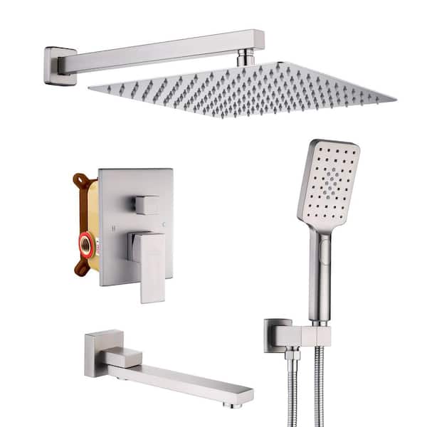 1-Handle 3-Spray Pattern 12 in Wall Mount Shower Head, Tub and Shower Faucet, Brushed Nickel (Valve Included)