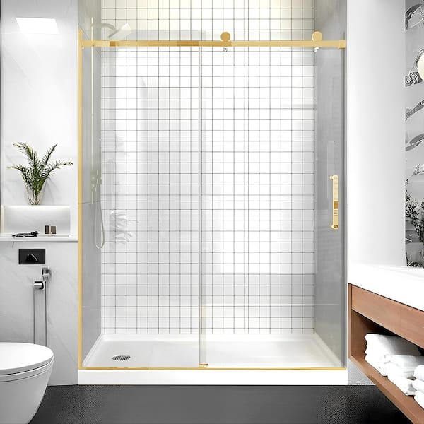 57-60 in. W x 75 in. H Single Sliding Frameless Shower Door Satin Gold Finish 5/16 in. Clear Glass with Handle