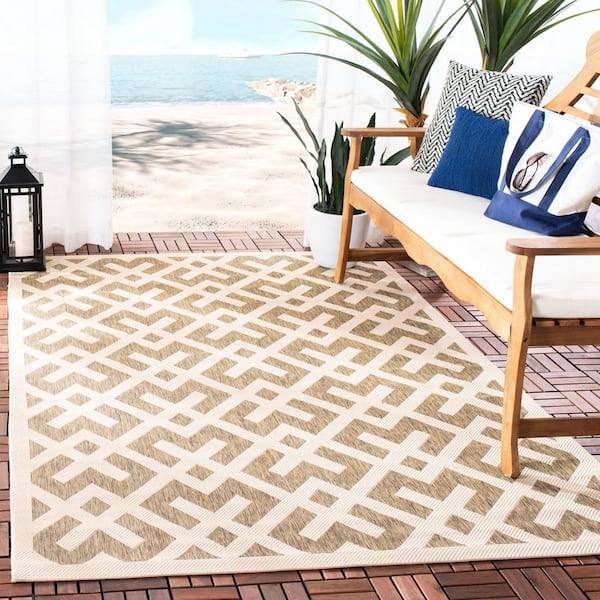 Courtyard Brown/Bone 8 ft. x 8 ft. Square Geometric Indoor/Outdoor Patio  Area Rug