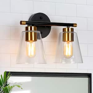 Transitional Cone Bathroom Vanity Light Modern 2-Light Black and Gold Dome Wall Light with Clear Glass Shades