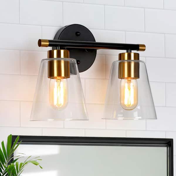 Uolfin Transitional Cone Bathroom Vanity Light Modern 2-Light Black and Gold Dome Wall Light with Clear Glass Shades