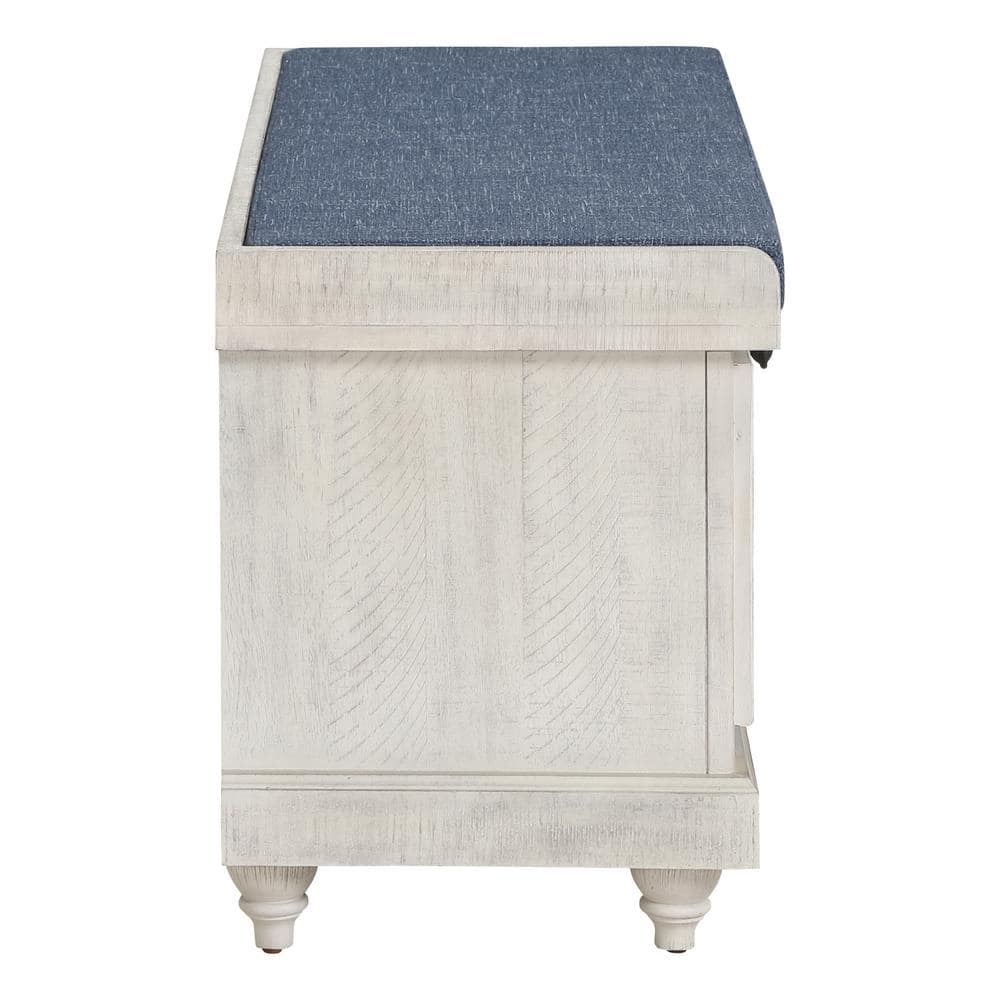 Dover Distressed White Wood Storage Bench with Navy Cushion