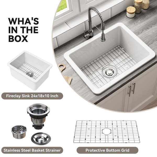 CozyStream 24 in. Undermount/Drop-In Single Bowl White Fireclay Kitchen Sink with Bottom Grid and Strainer