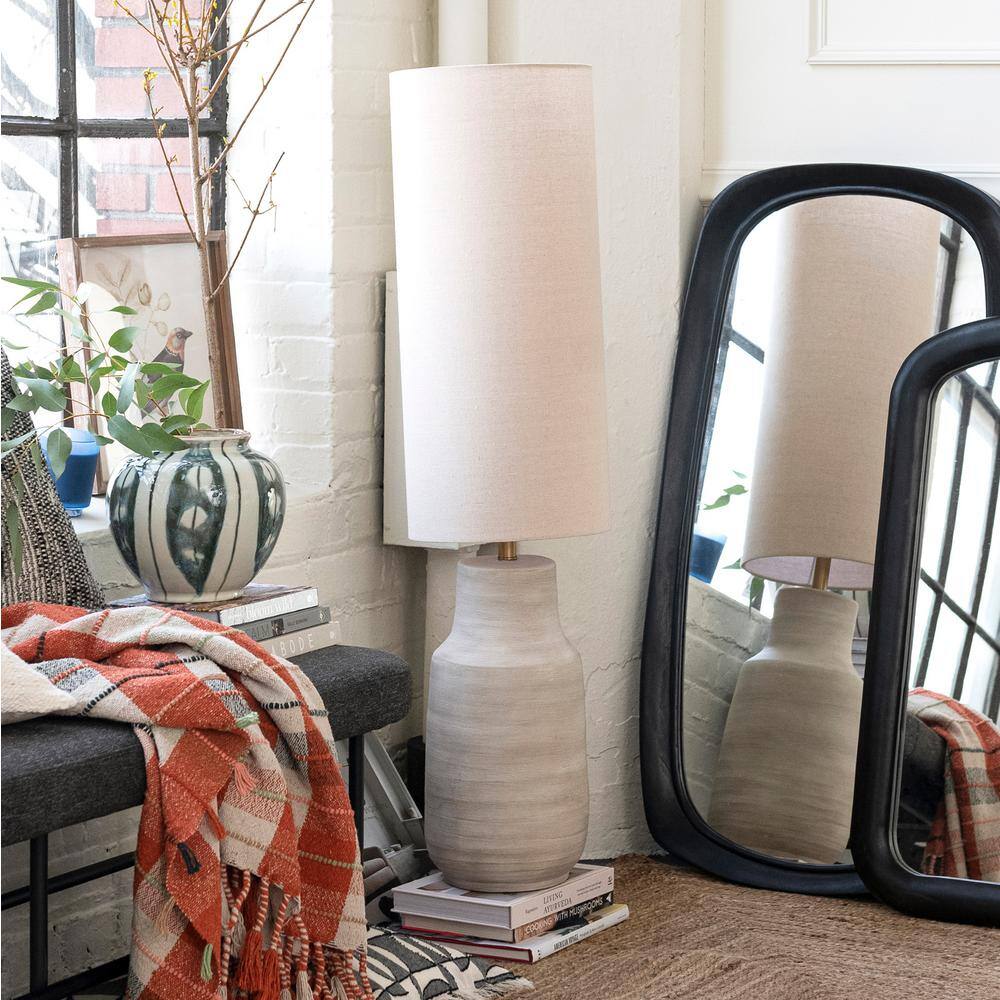 Gray Ceramic Bottle-Shaped Floor Lamp with Linen Tube Shade
