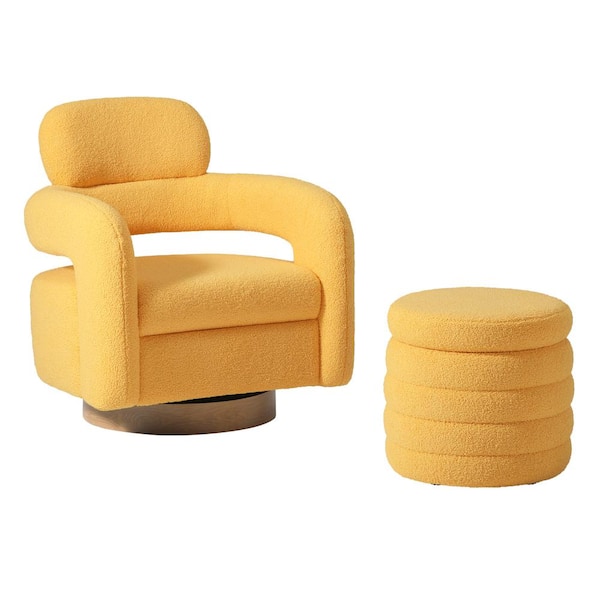 Bayville Modern 2-Piece Sherpa Swivel Accent Chair Set with Round Storage Footstool Ottoman in Sunset Gold
