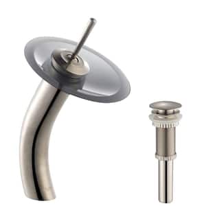 Single-Handle Single-Hole Low-Arc Vessel Glass Waterfall Bathroom Faucet in Satin Nickel with Frosted Glass Disk in Gray