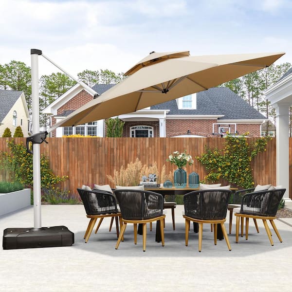 PURPLE LEAF 13 ft. Octagon High-Quality Aluminum Cantilever Polyester Outdoor Patio Umbrella with Stand, Beige
