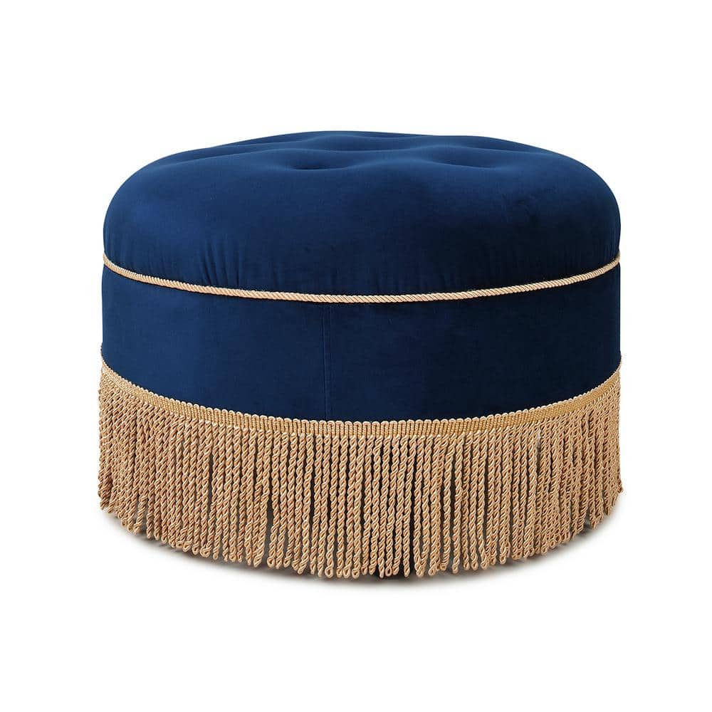 Jennifer Taylor Yolanda Navy Blue Velvet Round Accent Ottoman with Gold ...