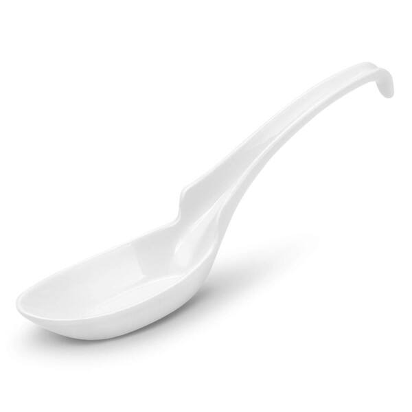 White Melamine Asian Soup Spoons 6.25 In. Notch and Hook Style Food Safe Dishwasher Safe (Set of 12)