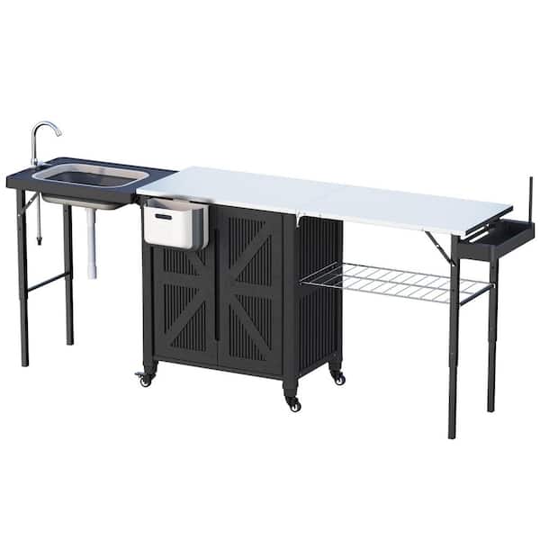 Black Outdoor Kitchen Island Stainless Steel Multi-functional Movable Table Grill Cart with Sink Trash Can Side Shelf
