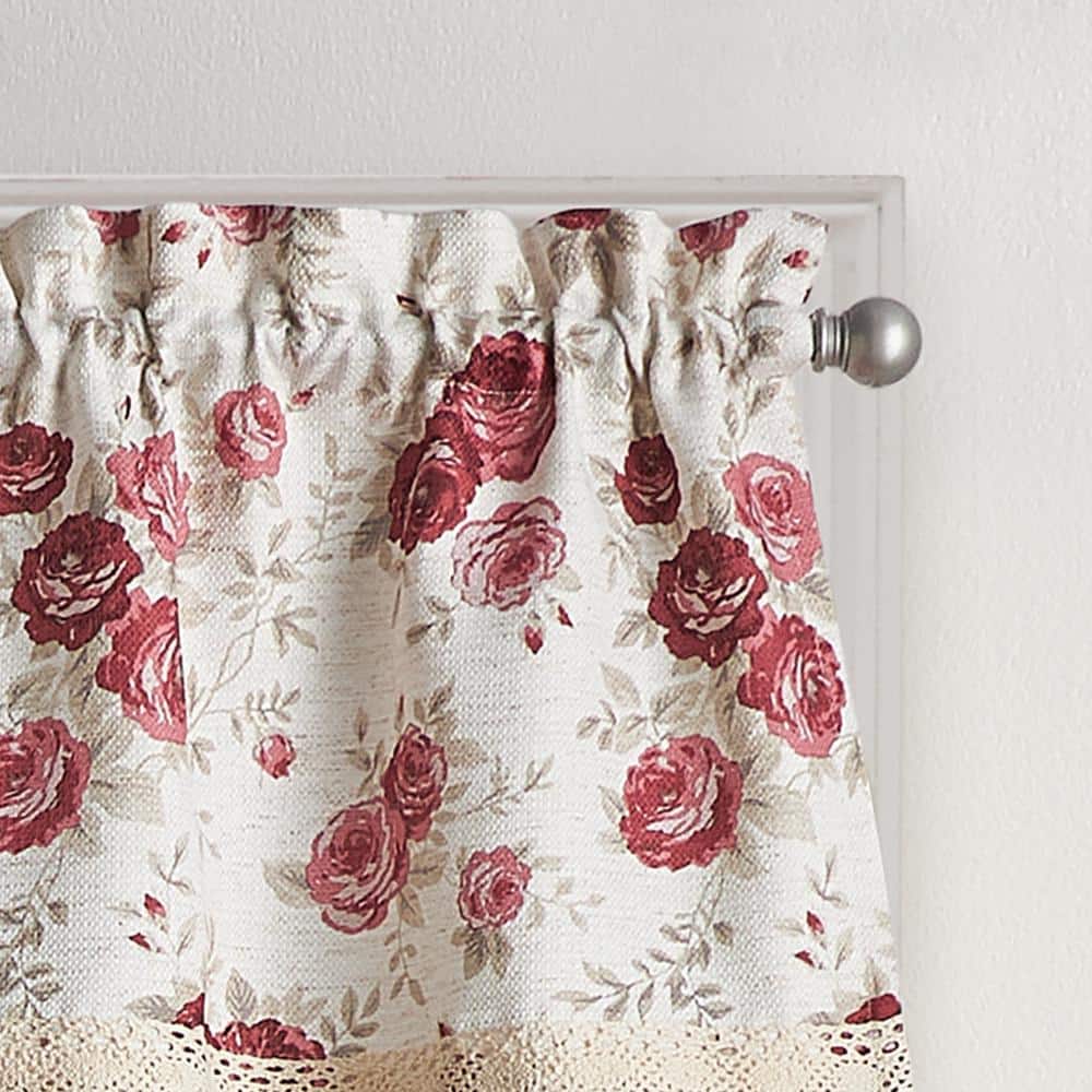 Antique Rose Red Floral Polyester Rod Pocket Valance