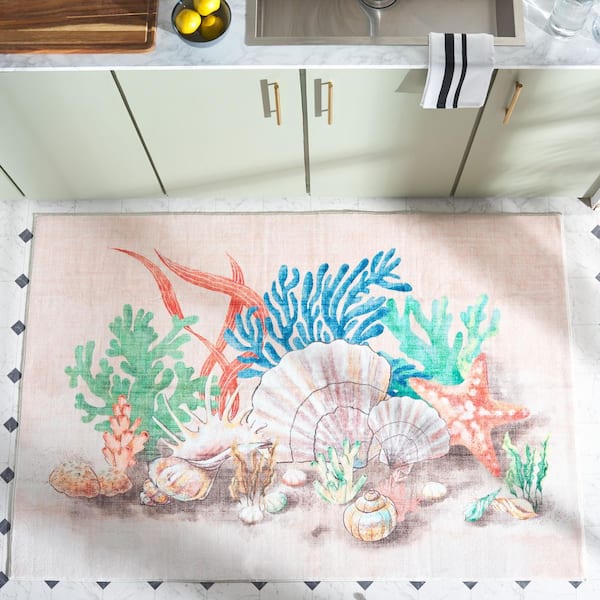 Door and Kitchen Mat Peach/Green 4 ft. x 6 ft. Machine Washable Coral Area Rug