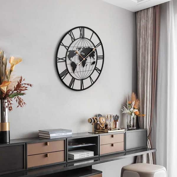 TENGYA LLC 36 in. Large Black Metal Wall Clock, Modern World Map Wall Clock with Gold Pointers, Decorative for Living Room, Bedroom