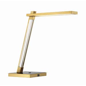 Sauvity 20.25 in. Soft Brass and Black Integrated LED Modern Table Lamp with Clear Crystal Accent and USB Port