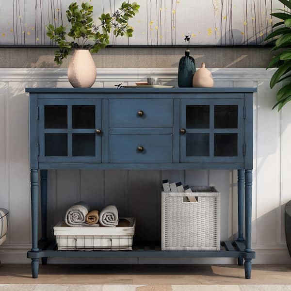 Polibi 42 in. Antique Navy Rectangle Wood Console Table with Bottom Shelf, Farmhouse Wood/Glass Buffet Storage Cabinet