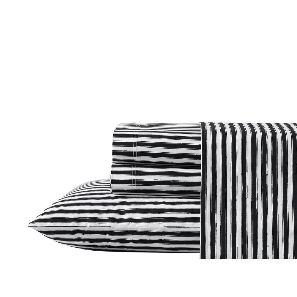Twin White and Black Striped Cotton Percale Sheet Set