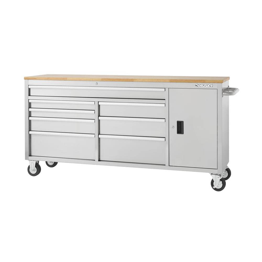 Husky 72 in. W x 18 in. D Heavy Duty 8-Drawer 1-Door Mobile Workbench Tool Chest with Solid Wood Top in Stainless Steel, Stainless Steel with Silver Trim -  HYLS-7208