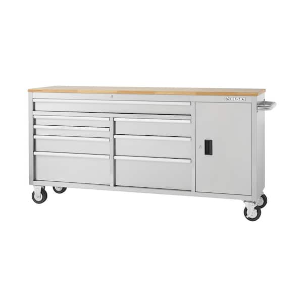 Husky 72 in. W x 18 in. D Heavy Duty 8-Drawer 1-Door Mobile Workbench Tool Chest with Solid Wood Top in Stainless Steel