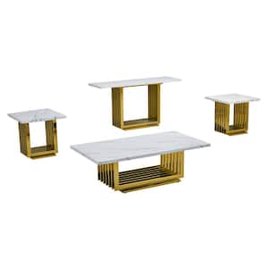 Magda 55 in. White Rectangle Marble Top Coffee Table Set With Gold Stainless Steel Base 4 Pieces