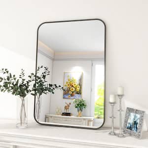 26 in. W x 37.8 in. H Rectangular Modern Aluminum Alloy Framed Rounded Black Wall Mirror