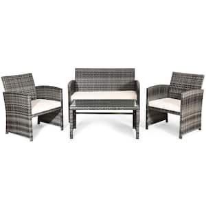 4-Piece Wicker Patio Conversation Set Outdoor Rattan Furniture Set Chairs with White Cushions