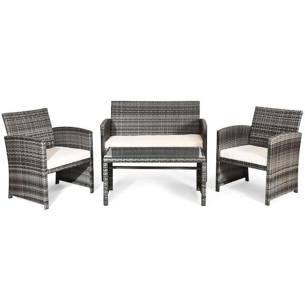 HONEY JOY 4-Piece Wicker Patio Conversation Set Outdoor Rattan Furniture Set Chairs with White Cushions