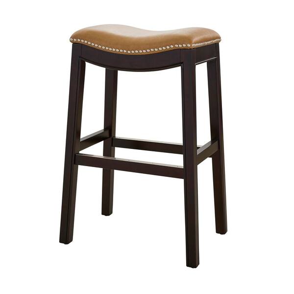Elmorae Modern 31 in. H Brown Backless Solid Wood Upholstered Bar Stool with Tan Faux Leather Seat