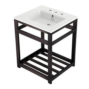 25 in. Ceramic Console Sink (8 in. in 3-Hole) with Stainless Steel Base in Oil Rubbed Bronze