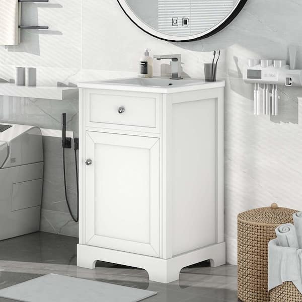 XUJMK 20 in. W x 18 in. D x 34 in. H Freestanding Bath Vanity in White with White Ceramic Top, 20" Bathroom Vanity with Sink