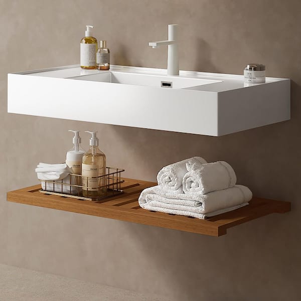 6.89 in. White Acrylic Wall-Mounted Bathroom Integrated Sink and Shelf
