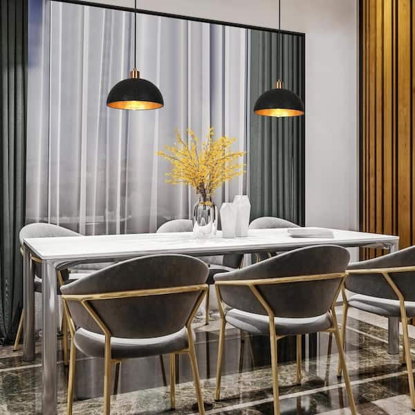 1-Light Black and Plated Gold Pendant Light with Transitional Design and Resin Shade for Dining Room Hanging