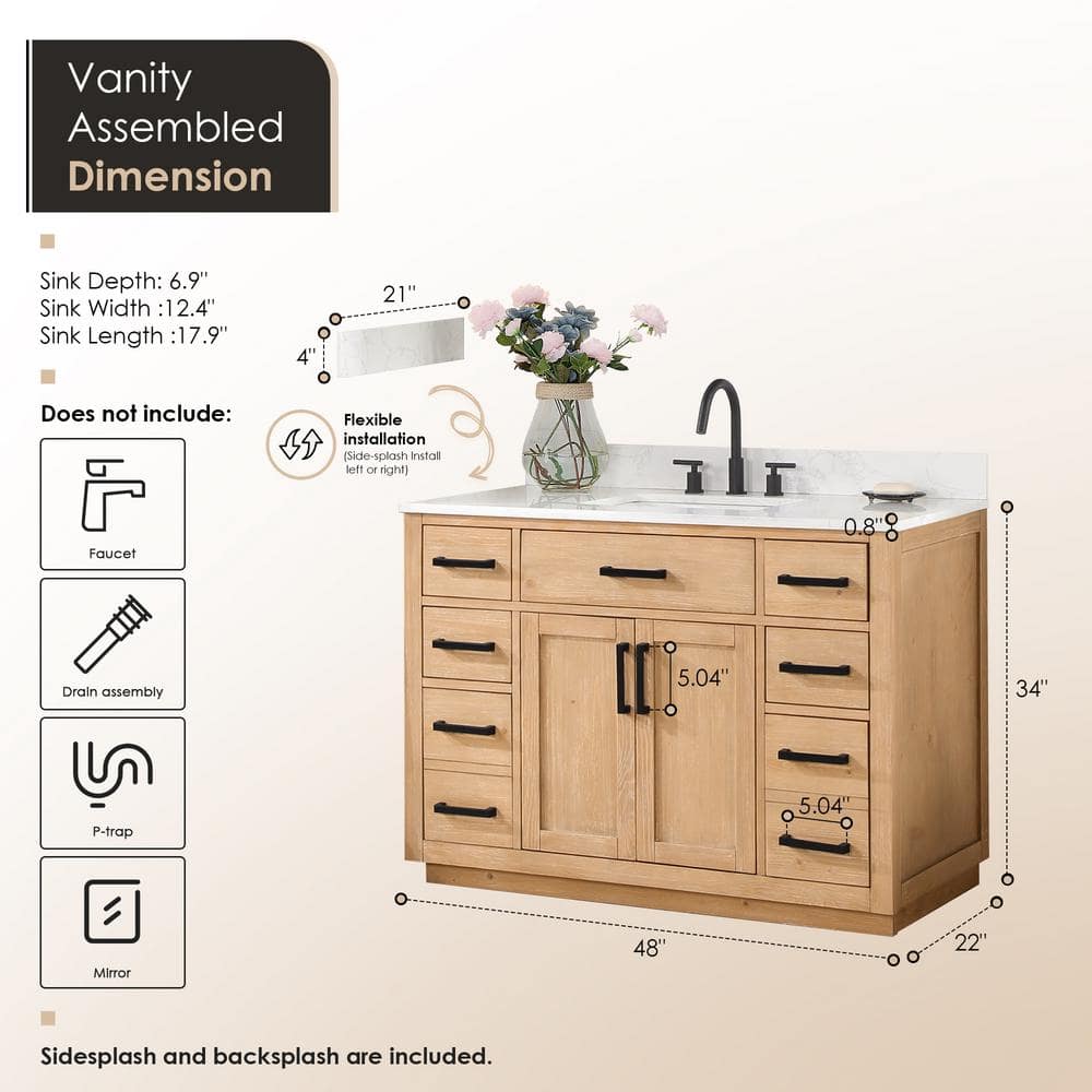 Gavino 48" Light Brown Wood Vanity with Composite Stone Top