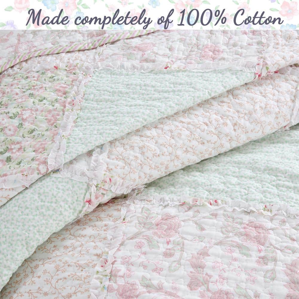 Pastel Floral Patchwork Cotton Reversible Queen Quilt Set