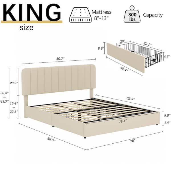 Platform Storage Bed Beige Metal + Wood Bed Frame King Platform Bed with Velvet Upholstered Headboard and 4-Drawers