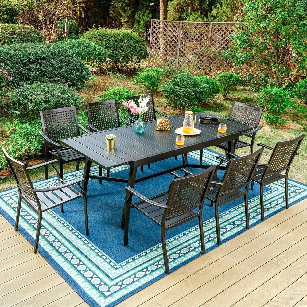 PHI VILLA 9-Piece Metal Outdoor Dining Set with Extensible Rectangular ...