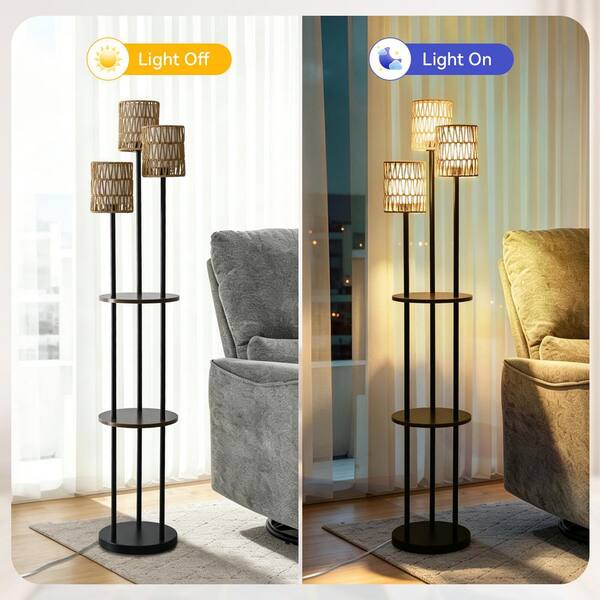 CACI Mall 65 in. Black Boho 3-Light Tree Floor Lamp with Shelves