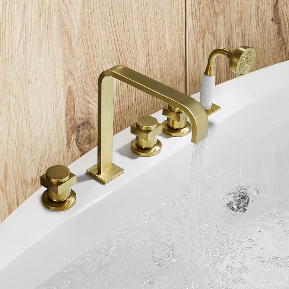 Brushed Gold Stainless Steel Triple Handle Deck-Mount Roman Tub Faucet