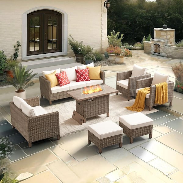 EDYO LIVING 7-Piece Wicker Outdoor Patio Conversation Set with Beige Cushions and 55000 BTU Propane Fire Pit Table