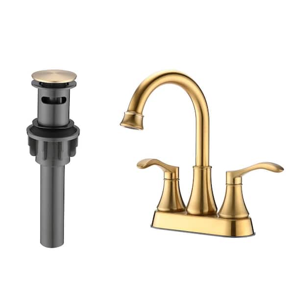 Pdpbath 4 in. Centerset Double Handle High Arc Bathroom Faucet with Drain Kit Included in Brushed Gold