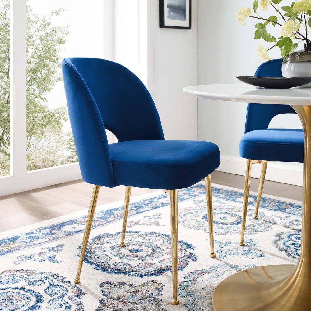 Navy Luxe Velvet and Gold Metal Mid-Century Side Chair