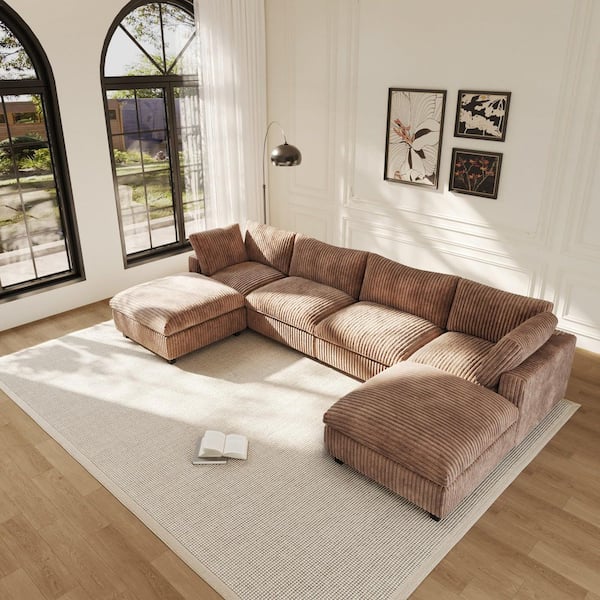 157.48 in. Square Arm Rabbit Fur Fabric 6-Piece Oversized Free Combination Modular Living Room Sectional Sofa in Brown
