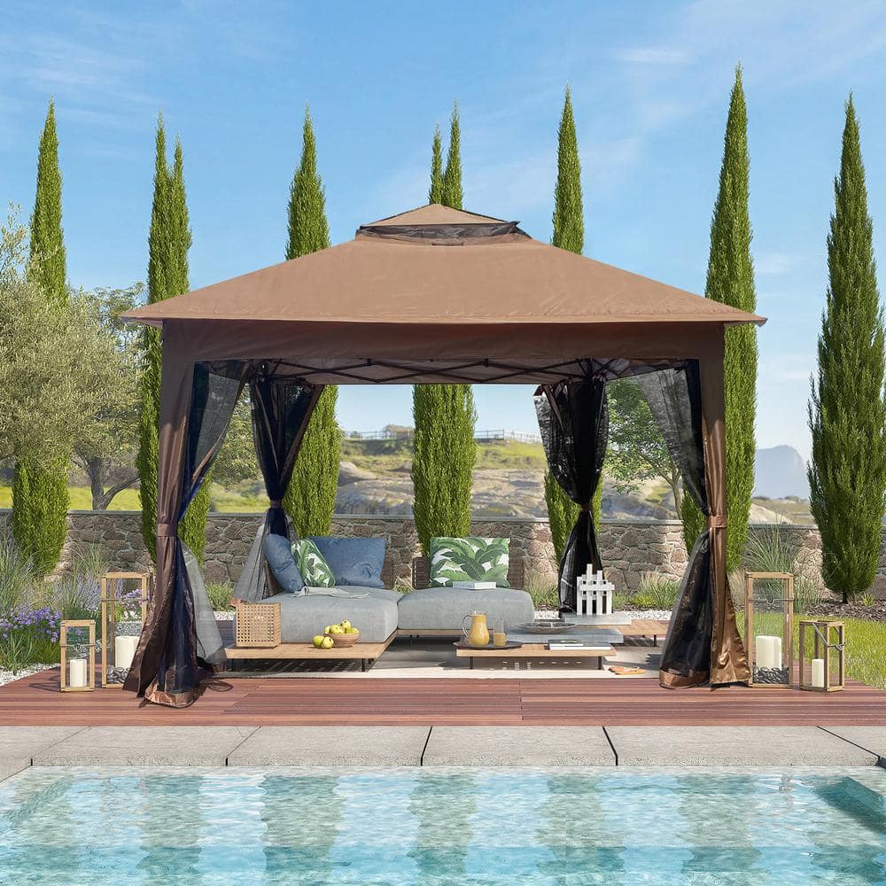 11 ft. x 11 ft. Outdoor Pop Up Canopy Gazebo with Removable Zipper Net, 2 L