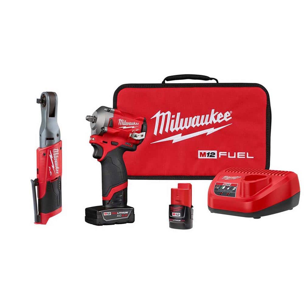 Milwaukee M12 FUEL 12V Lithium-Ion Brushless Cordless Stubby 3/8 in. Impact Wrench & Ratchet Combo Kit (2-Tool) -  2554-22-25