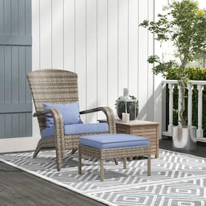 2-Piece Brown Wicker Adirondack Chairs with Ottoman, Light Gray Cushions for Deck, Garden and Backyard