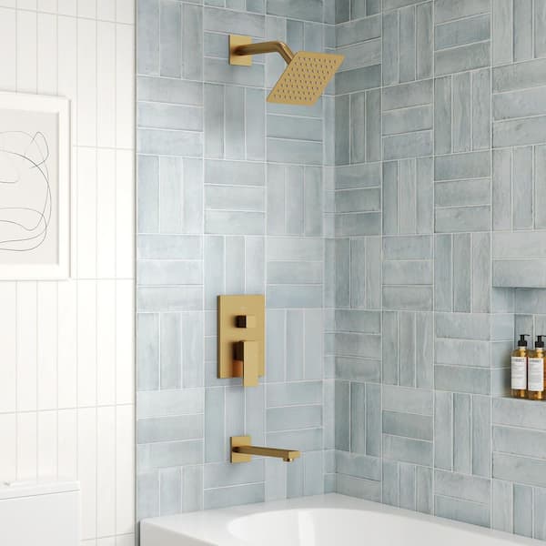 6 in. Modern Minimalist Square Single Handle 2-Spray Tub and Shower Faucet 2.5 GPM in Brushed Gold Valve Included