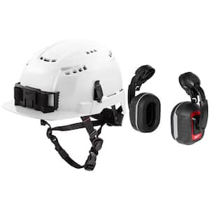 BOLT White Type 2 Class C Front Brim Vented Safety Helmet w/BOLT Earmuffs with Noise Reduction Rating of 26 dB