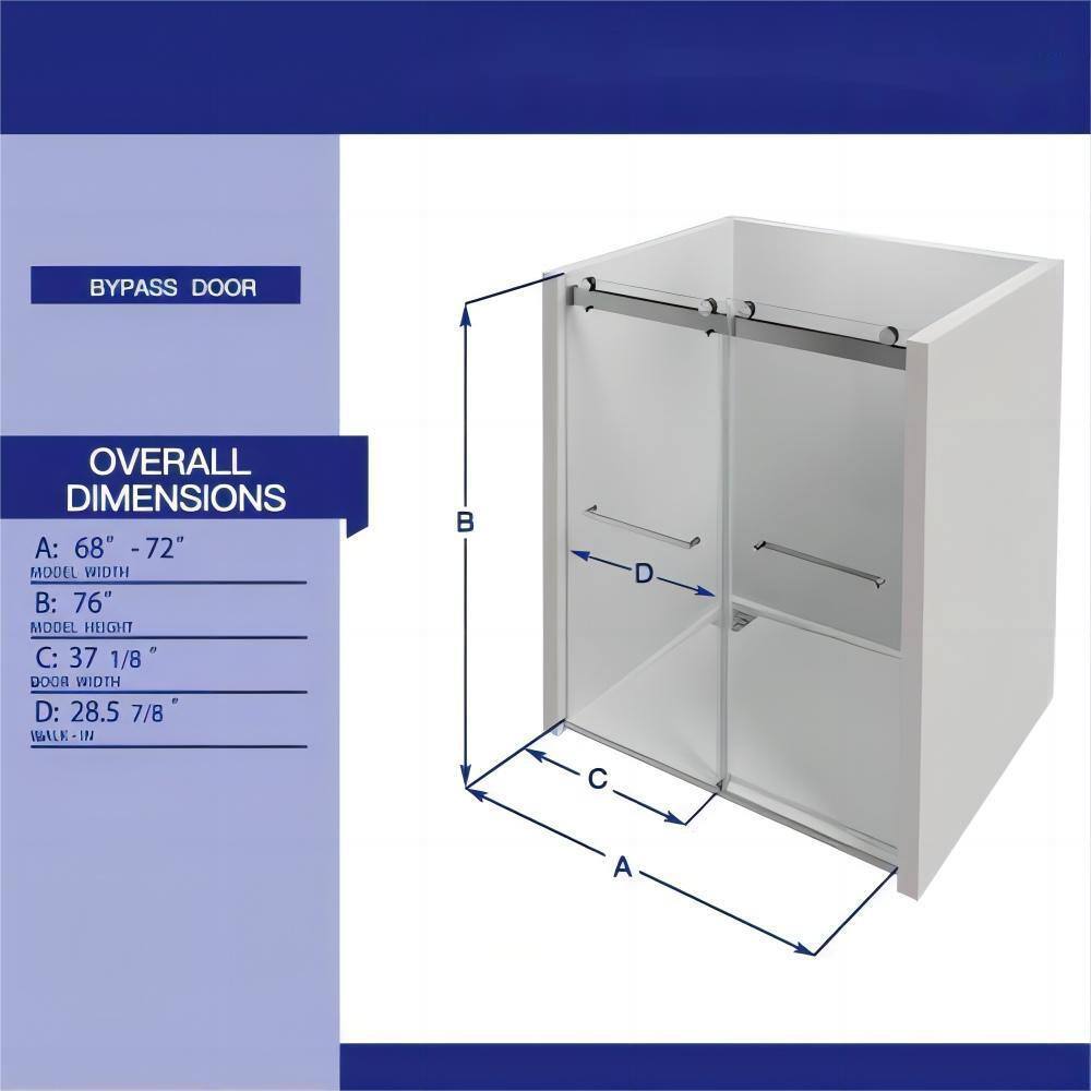 72" Frameless Clear Glass Sliding Shower Door with Brushed Nickel Finish