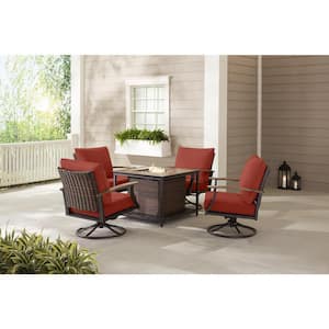 Fiddler's Creek 5-Piece Brown Metal Outdoor Patio Fire Pit Seating Set with Sunbrella Henna Red Cushions
